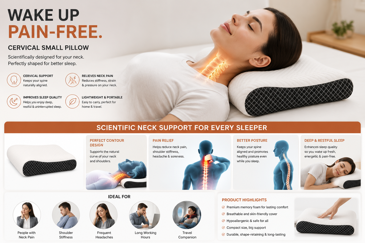SlumberOrtho Orthopaedic Cervical Memory Foam Pillow (Pack of 2) | Ergonomic Neck Support Pillow for Side & Back Sleepers