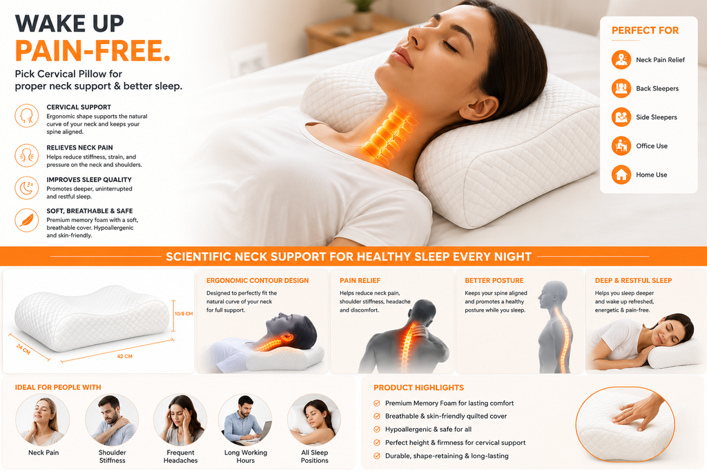 SlumberOrtho Orthopaedic Cervical Pillow Big | Ergonomic Memory Foam Neck Support Pillow for Side & Back Sleepers