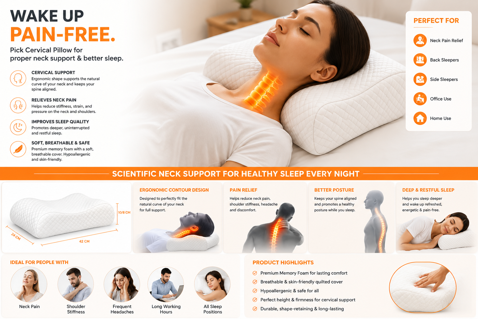 SlumberOrtho Orthopaedic Cervical Pillow Big | Ergonomic Memory Foam Neck Support Pillow for Side & Back Sleepers