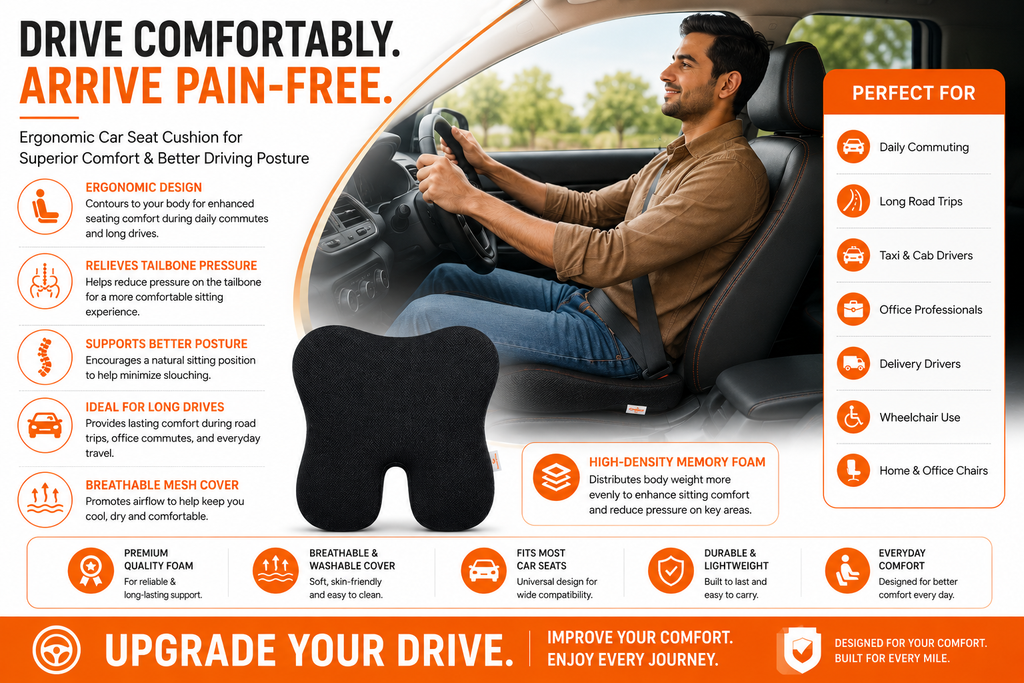 SlumberOrtho Orthopedic Memory Foam Car Seat Cushion | Ergonomic Coccyx Seat Cushion for Car, Office & Wheelchair