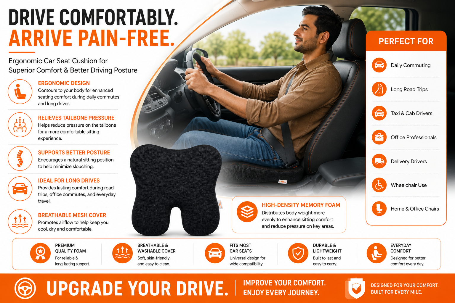 SlumberOrtho Orthopedic Memory Foam Car Seat Cushion | Ergonomic Coccyx Seat Cushion for Car, Office & Wheelchair