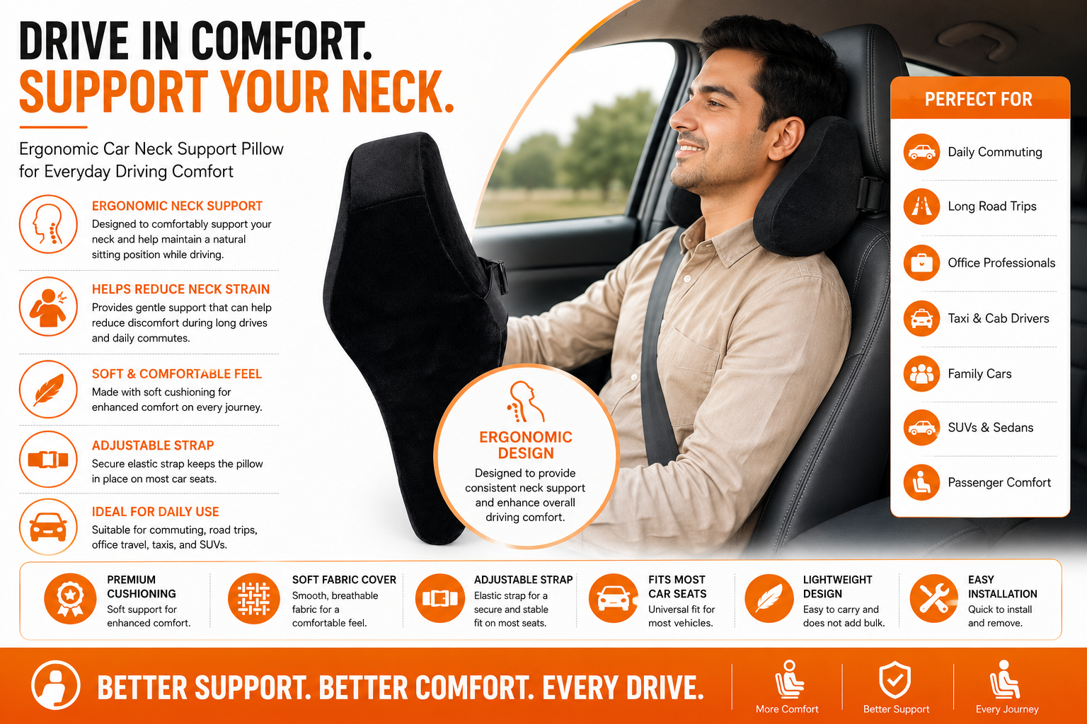 SlumberOrtho Car Neck Cushion | Memory Foam Headrest Neck Support Pillow for Car, SUV & Office Chair