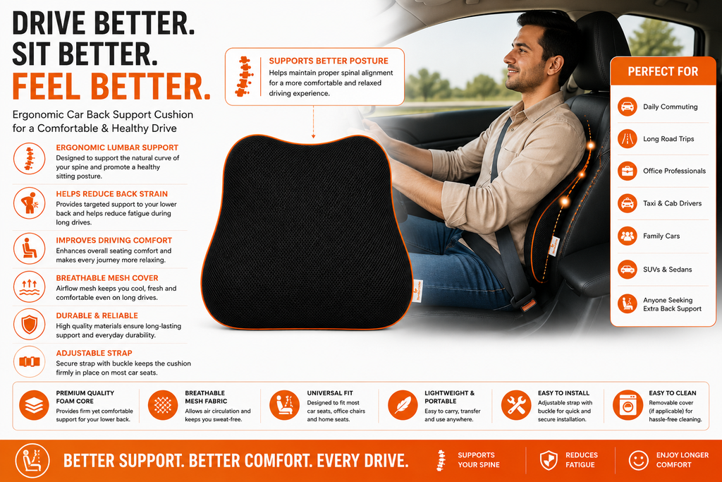 SlumberOrtho Car Spine Rest Cushion | Ergonomic Memory Foam Lumbar Support Cushion for Car Seat, Office Chair & Long Drives