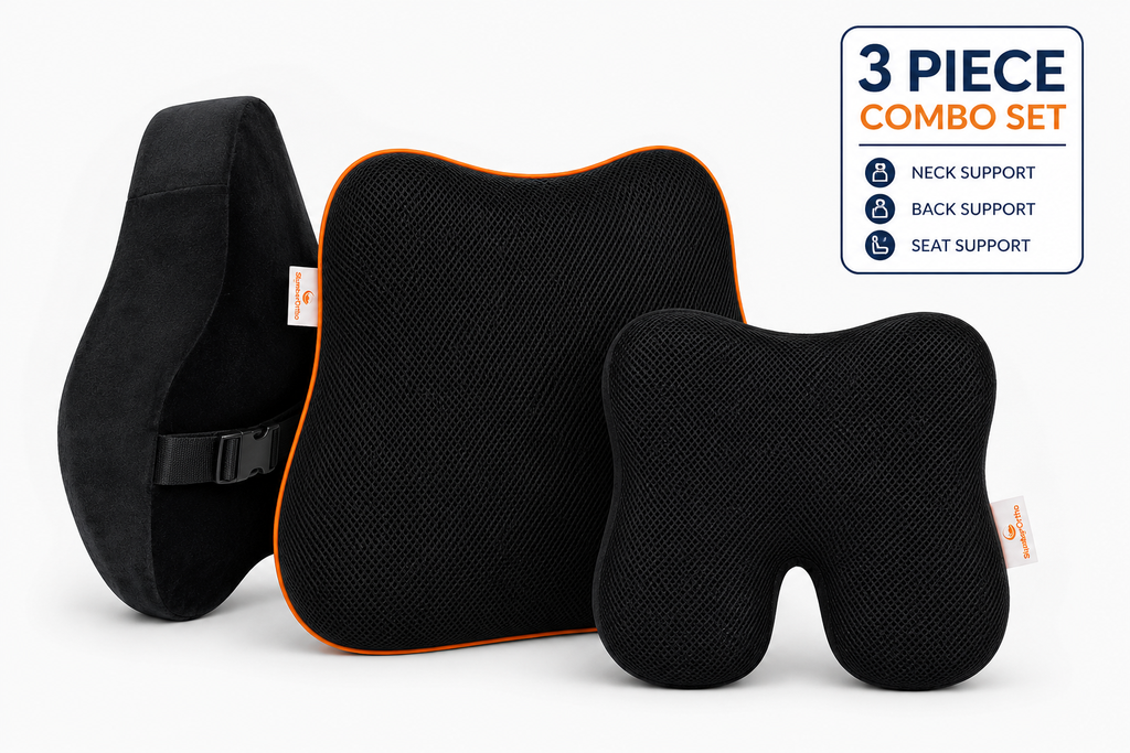 SlumberOrtho 3 Piece Orthopedic Car Seat Cushion Combo Set | Memory Foam Neck, Back & Seat Support for Driving, Office & Travel