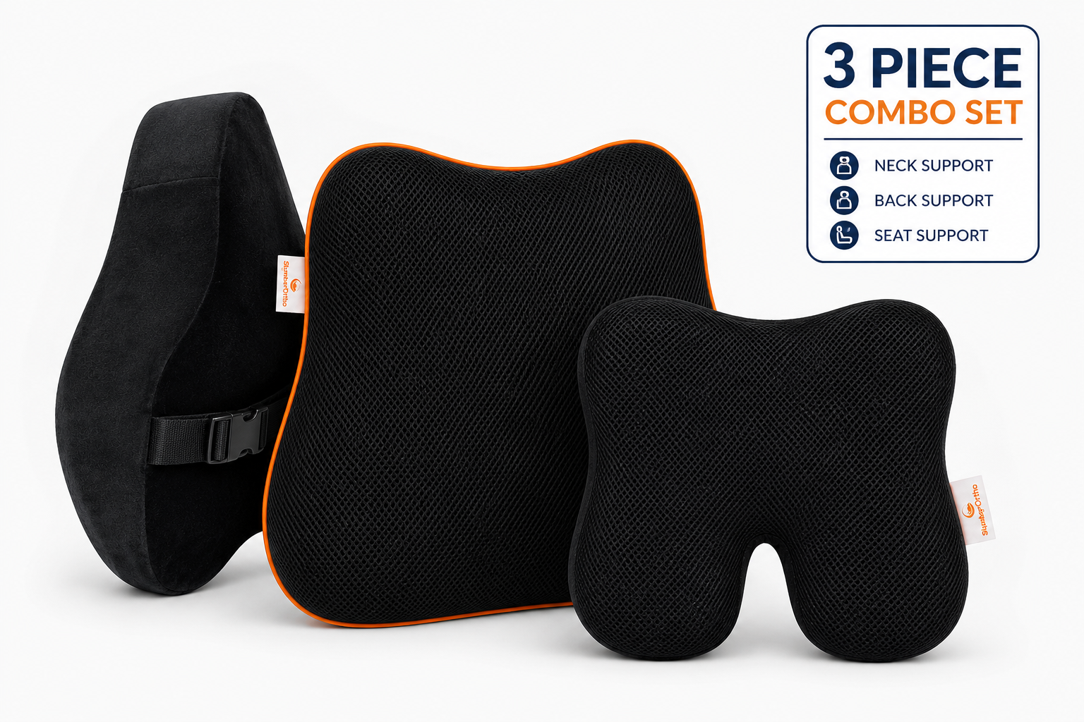 SlumberOrtho 3 Piece Orthopedic Car Seat Cushion Combo Set | Memory Foam Neck, Back & Seat Support for Driving, Office & Travel